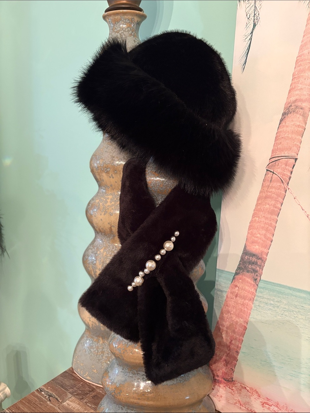 NWT Black Faux Fur Hat and Scarf Set with Pearl Accent super cute